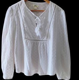 Style & Co. Elegant Women's Cotton White Eyelet Embroidered Ladder Trim Blouse M